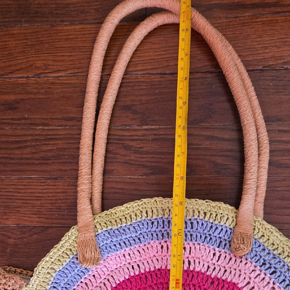 INC Round Crochet Multi-Color Straw Tote Bag - Pink/Yellow/Blue - Picture 8 of 8